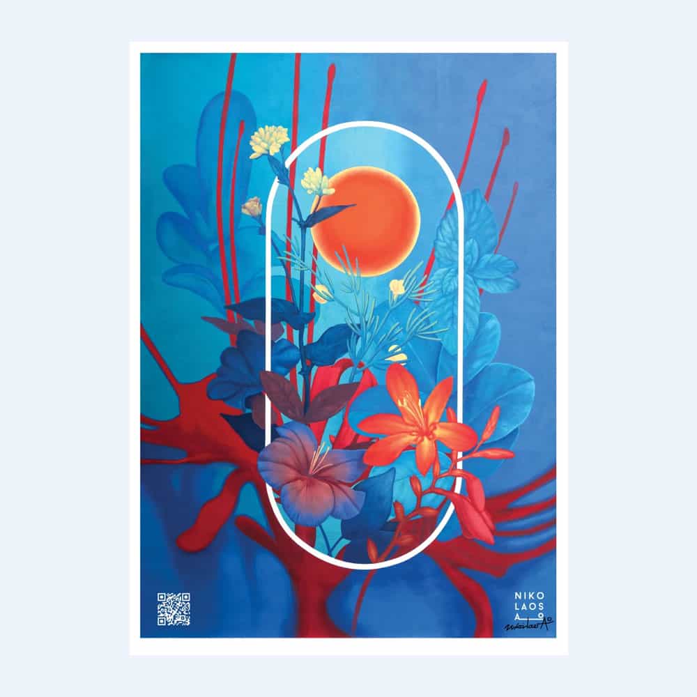 A vibrant digital artwork features colorful flowers, including a large orange flower and a vivid red sun, against a blue background with abstract red and blue shapes. White outlines form an oval frame around the central floral arrangement.