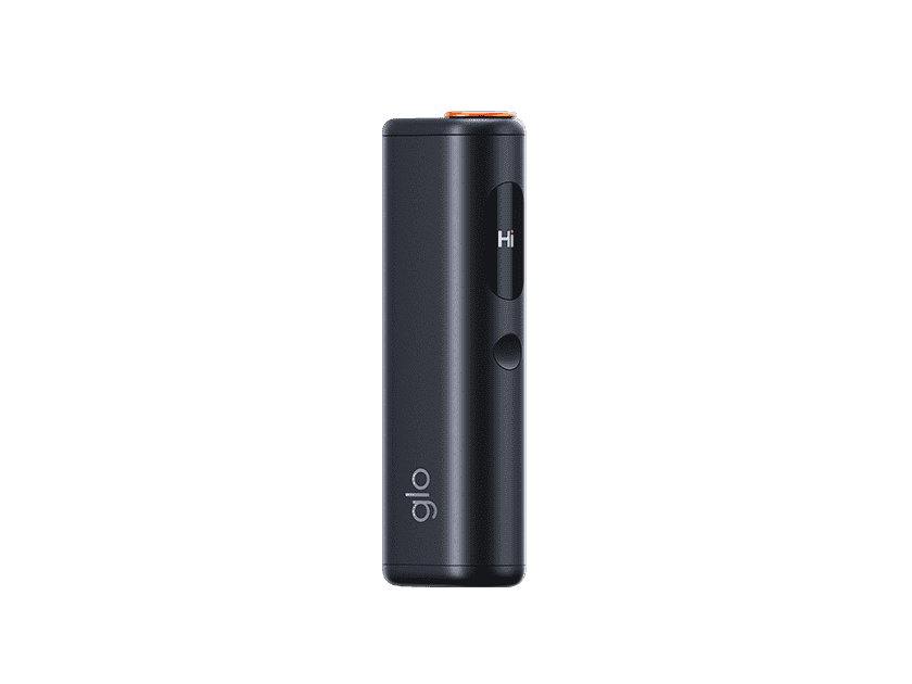 A sleek, black glo™ HYPER PRO+ with a button and a small display showing "Hi," is shown against a plain light gray background.
