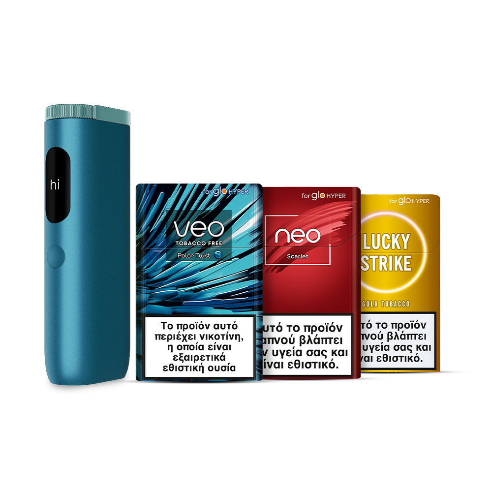 A blue electronic vaping device stands next to three colorful tobacco product packs labeled Veo, Neo, and Lucky Strike, each displaying a health warning in Greek. The background is plain white.