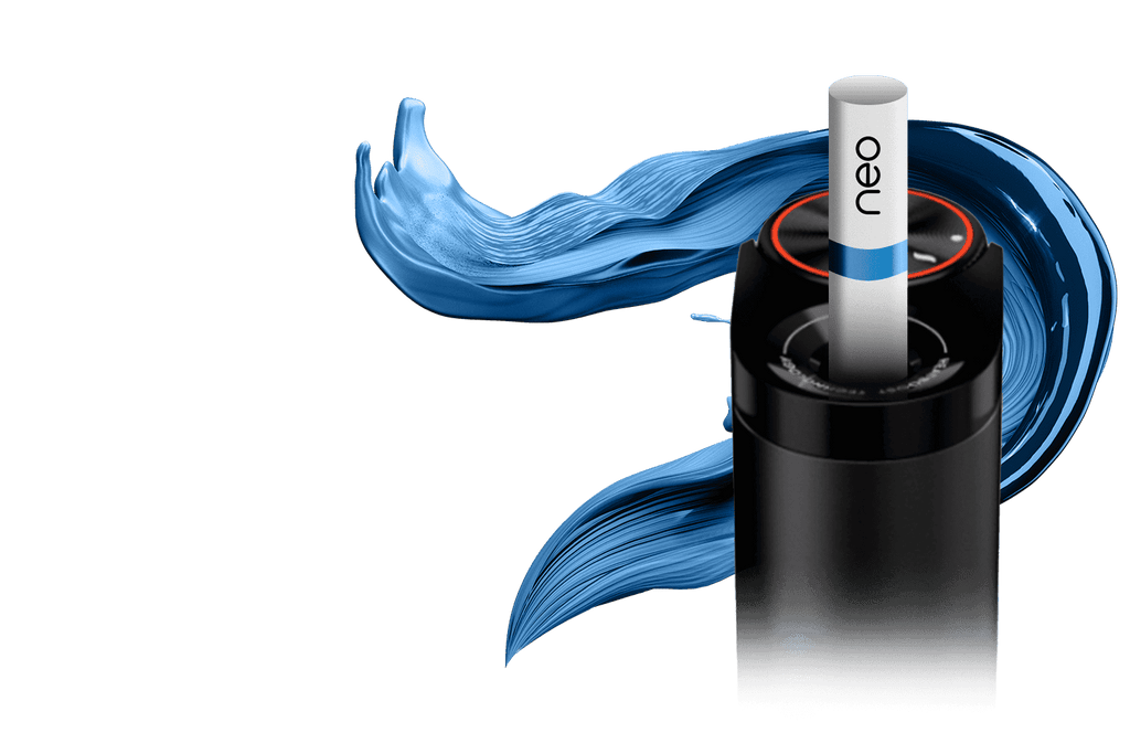 A close-up of a black electronic device holding a white stick labeled neo, with a blue, paint-like swirl curving around the device on a white background.