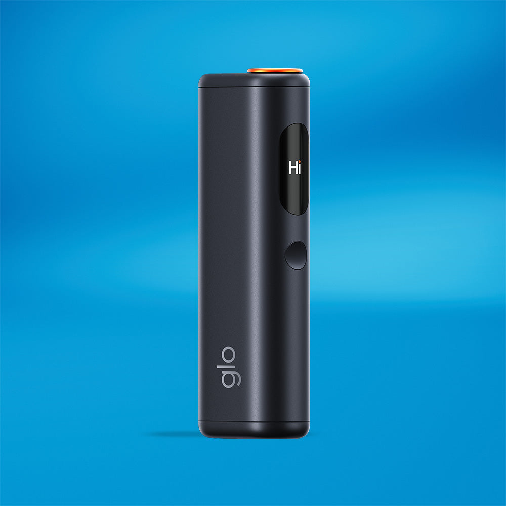 The glo™ HYPER PRO+ is a sleek, dark electronic device with a small display reading "Hi" and the "glo" logo near its base, shown against a smooth blue background.