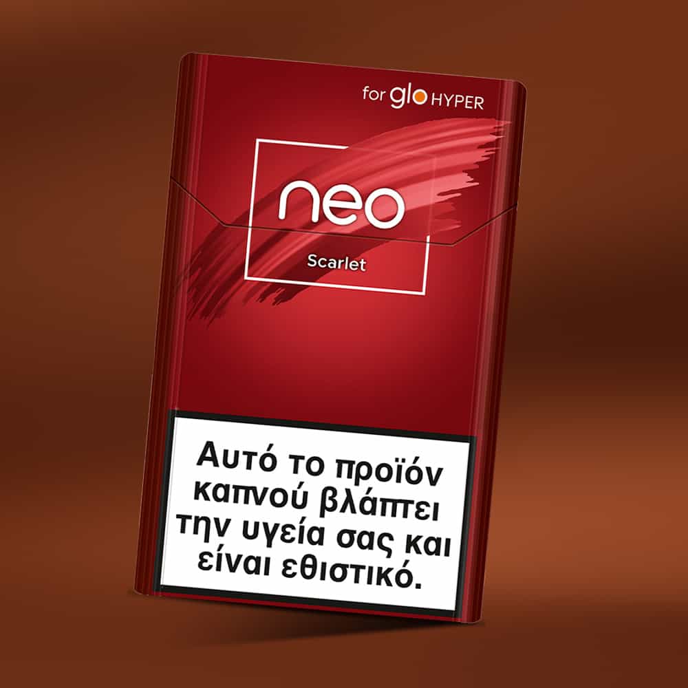 A pack of neo™ Scarlet tobacco sticks for glo HYPER, featuring a Greek health warning at the bottom about harm and addiction, is shown set against a brown background.