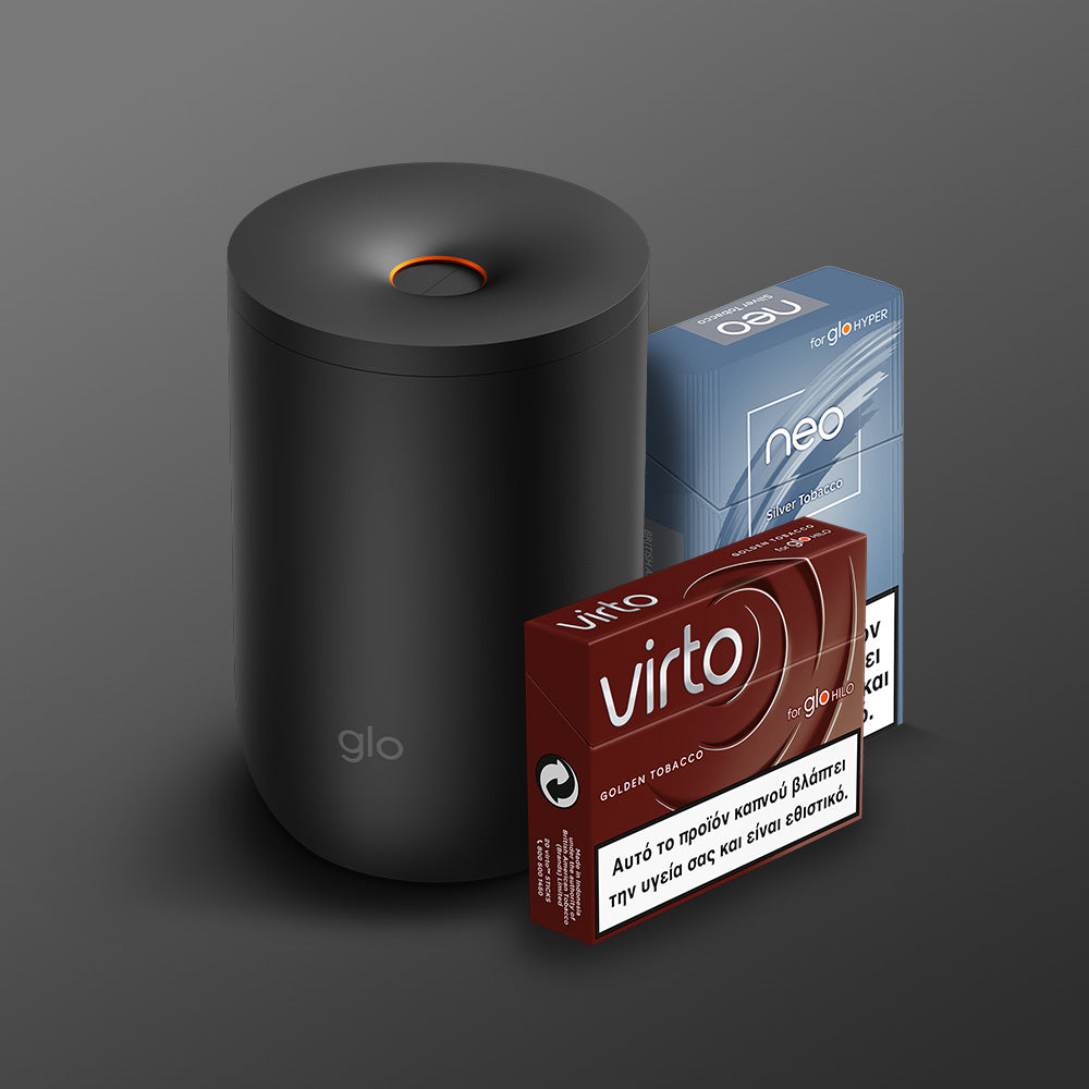 The glo™ Stick Bin, a sleek black cylinder with a premium fabric cover labeled "glo," stands by two tobacco stick boxes—one blue-labeled "neo" and one red-labeled "virto"—set against a dark gray background.