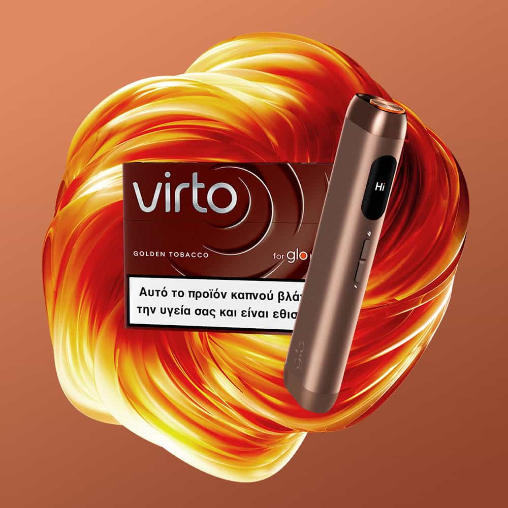 A bronze electronic vaping device and a pack labeled virto™ Golden Tobacco appear against a swirling golden-orange backdrop, with Greek text visible on the packaging.