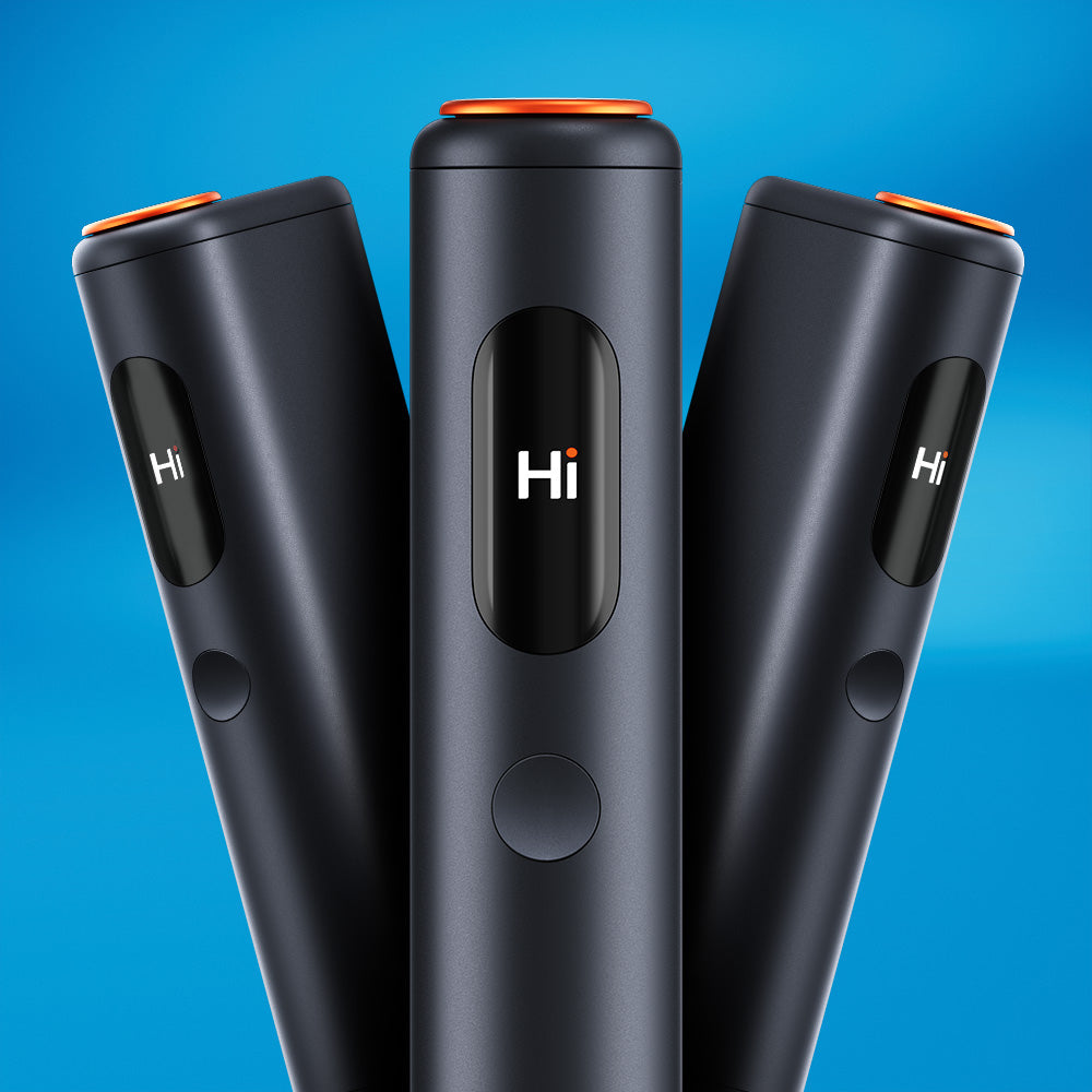 Three black glo™ HYPER PRO+ devices with circular orange buttons are set against a blue background, each showing "Hi" on their central display screen.