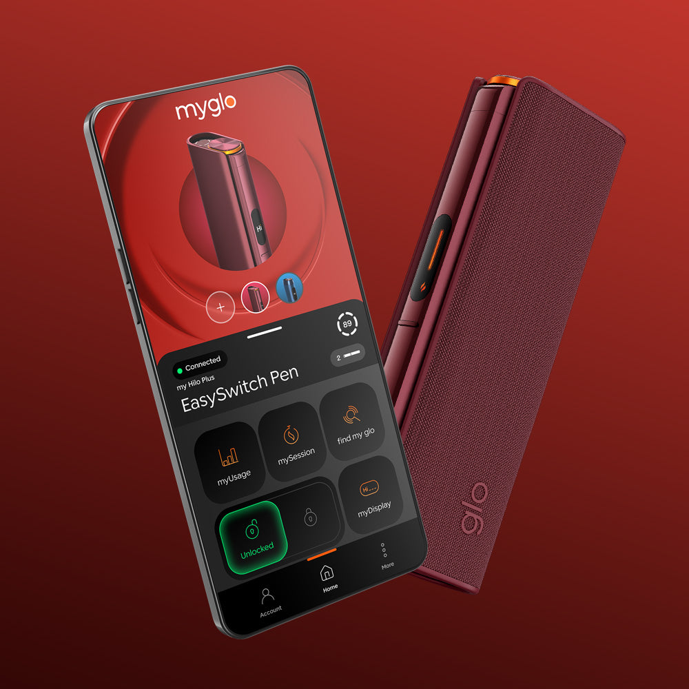 A smartphone shows an app interface for controlling the EasySwitch Pen, next to a burgundy glo™ HILO Plus Sleeve with a stylish cover and matching textured case, all set against a vivid red gradient background.