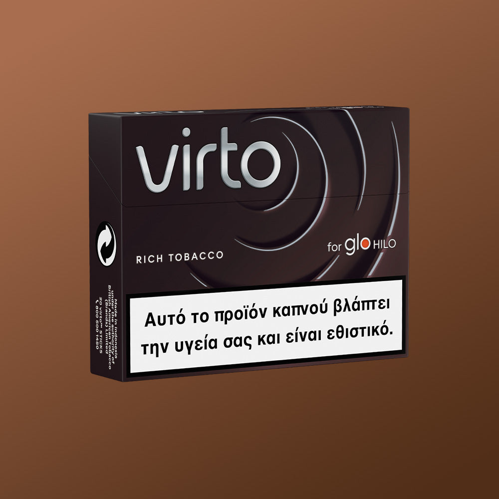 Ένα πακέτο virto™ Rich Tobacco για το glo HILO, με ελληνική προειδοποιητική ετικέτα στο μπροστινό μέρος, που εμφανίζεται πάνω σε καφέ φόντο.