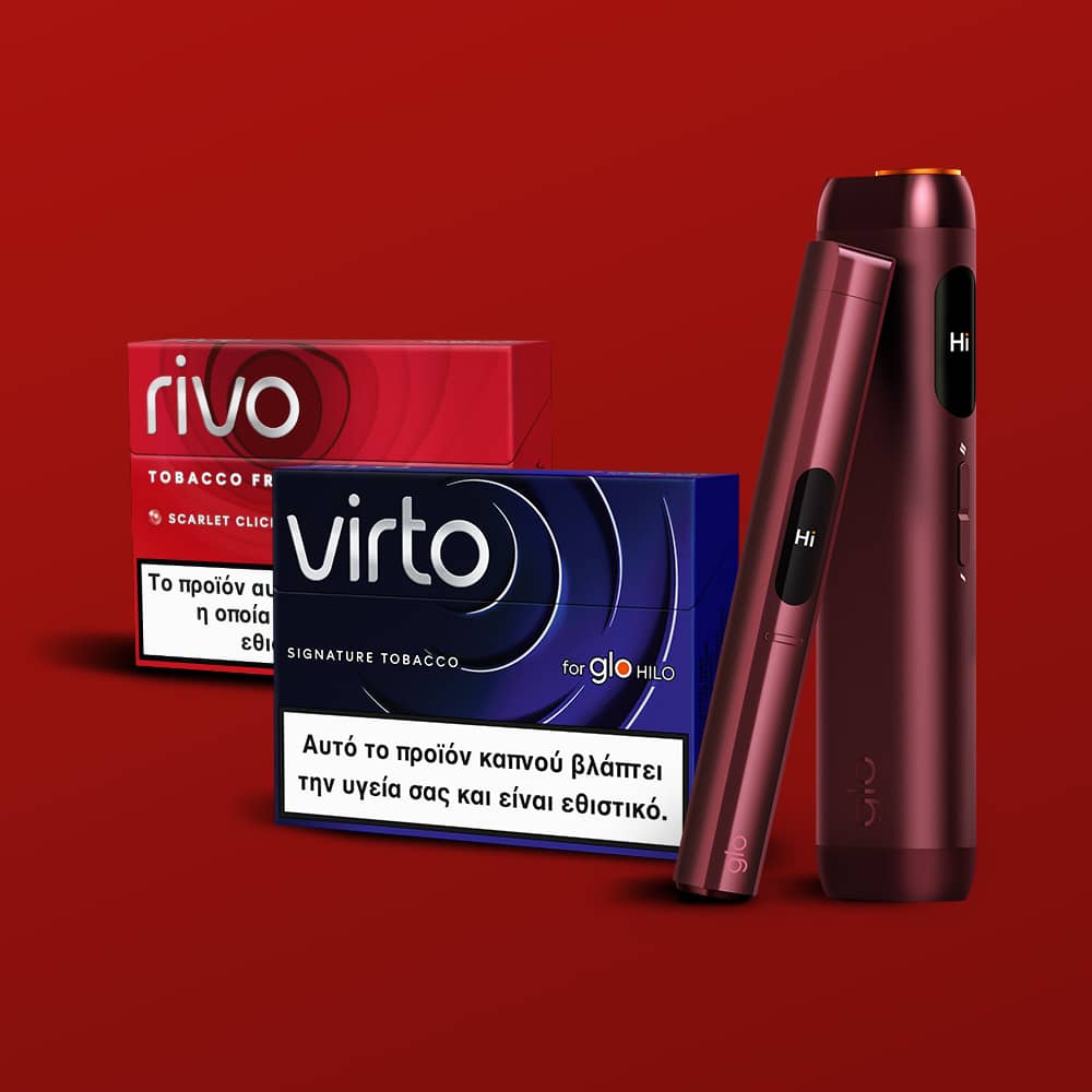 Two electronic tobacco devices and two packs of tobacco products labeled rivo and virto are displayed on a red background, with health warnings in Greek visible on the packaging.