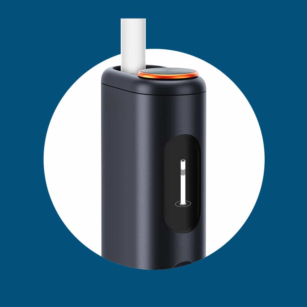 A black electronic device with a visible circular button on top and a small screen displaying a white stick, shown against a blue background with a white circle behind it.
