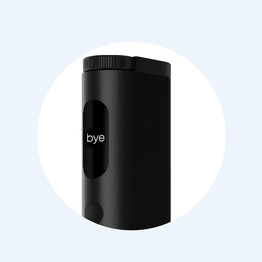 A sleek, black cylindrical device with a rounded cap and the word bye displayed in white text on the front, shown against a light blue circular background.