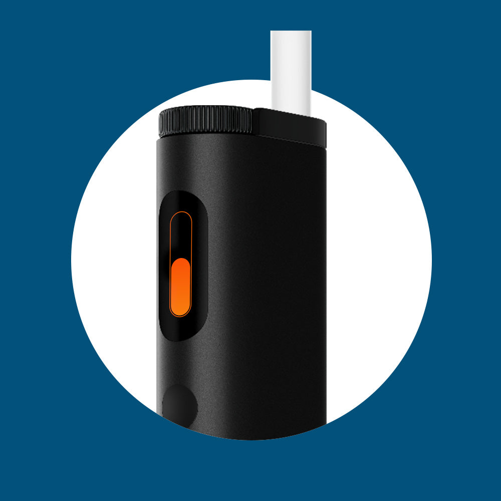 A close-up of a sleek black electronic device with a white cylindrical component inserted at the top and an orange button or indicator on its side, set against a blue and white circular background.