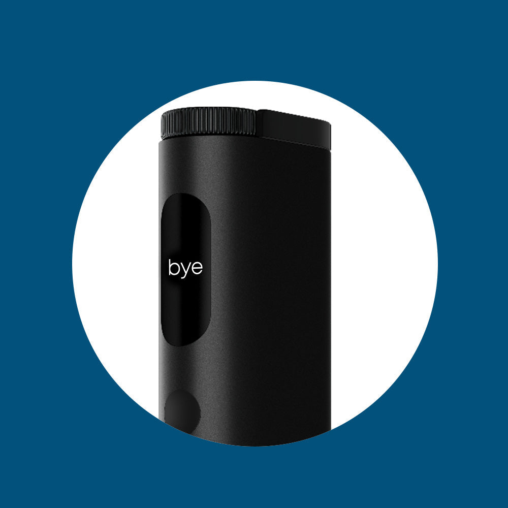 A black cylindrical device with the word bye displayed on a small screen, shown against a white circular background on a blue backdrop.