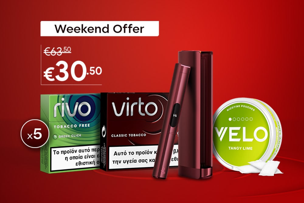 Κόκκινο φόντο με μια προσφορά «Weekend Offer». Περιλαμβάνει προϊόντα καπνού και νικοτίνης: Rivo, Virto, Velo, καθώς και μια ηλεκτρονική συσκευή, με έκπτωση από 63,50 € σε 30,50 €. Περιλαμβάνονται πέντε πακέτα Rivo.