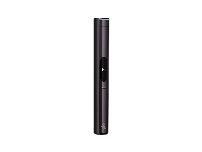 A slim, black glo™ HILO Plus Replacement Pen with a small screen showing "Hi" in white text stands upright on a plain light gray background.
