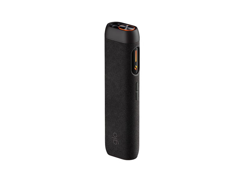 The glo™ HILO Sleeve, a sleek and rectangular black accessory with rounded edges and a premium fabric cover, featuring minimal side buttons, stands upright against a plain white background.