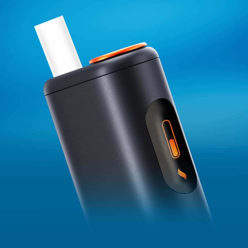 A close-up of a sleek, black electronic device with a white stick inserted at the top and an orange button on the side, set against a blue gradient background.
