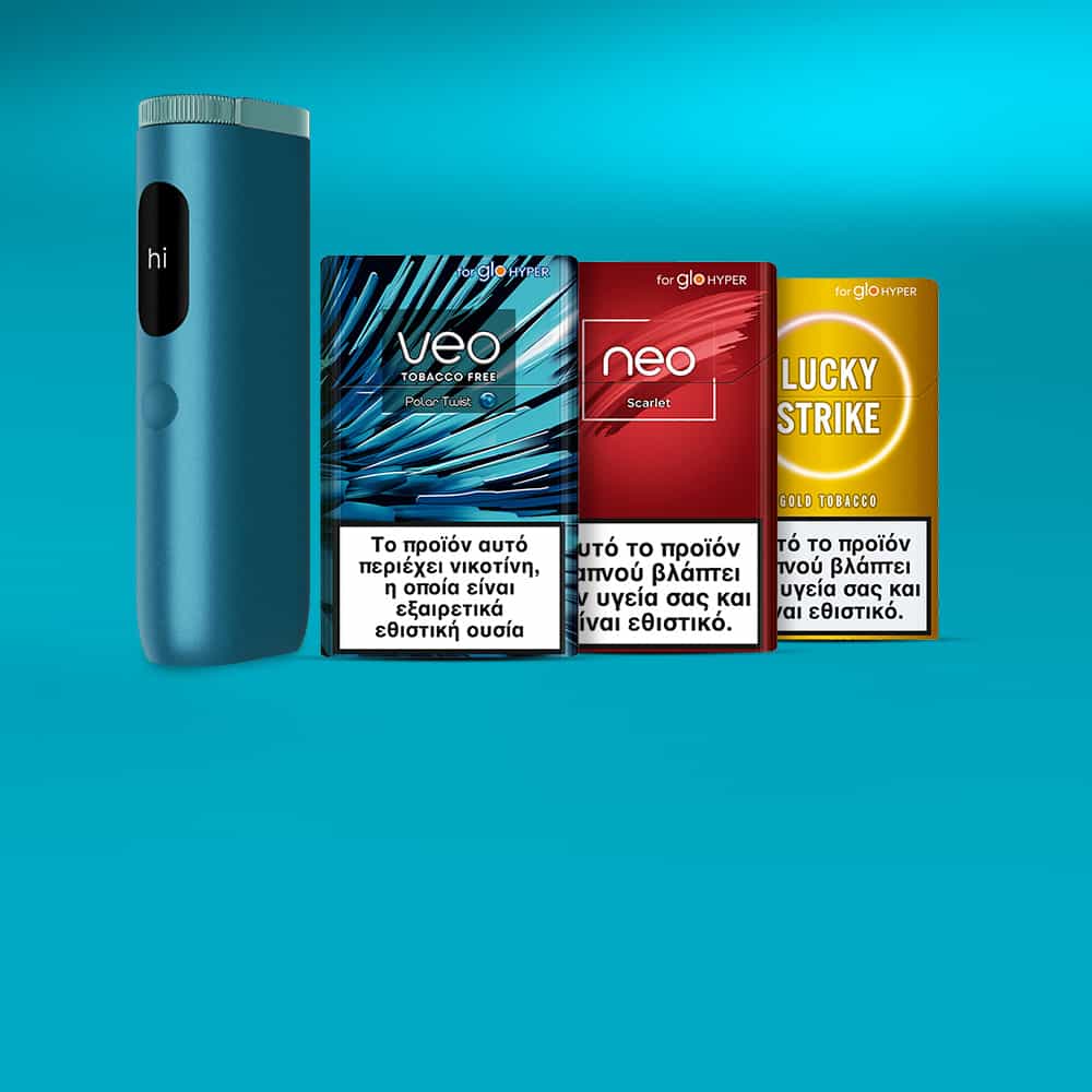 A blue electronic tobacco device stands next to three colorful tobacco stick packs—Neo Tobacco Fiel Blue, Neo Scarlet, and Lucky Strike—each with a Greek health warning on a turquoise background.