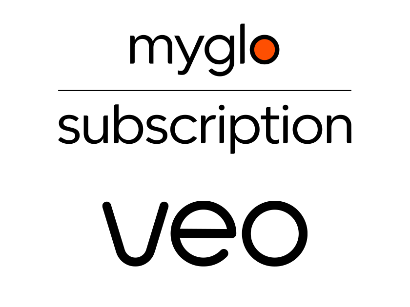 Text logo with "myglo" at the top (orange "o"), "veo™ Subscription" in the middle, and "veo" at the bottom—all in black lowercase on a white background.