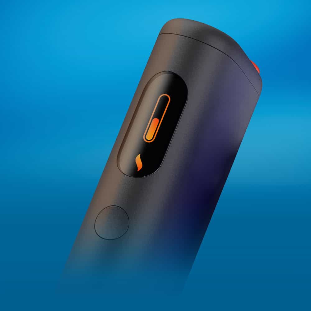 Close-up of a sleek, black electronic device with an orange button and indicator on its side, set against a blue gradient background.