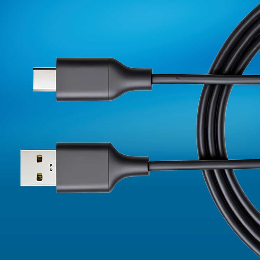 A close-up of a black USB cable with a USB-A connector on one end and a USB-C connector on the other, set against a blue gradient background.