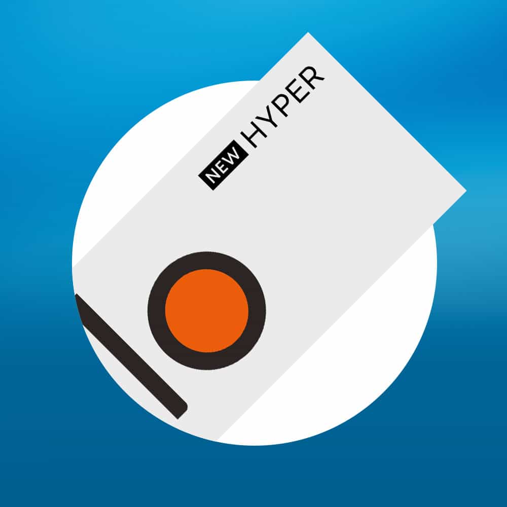 A white rectangular package labeled NEW HYPER with a large orange circle and black stripe, set against a blue background with a white circle behind the package.