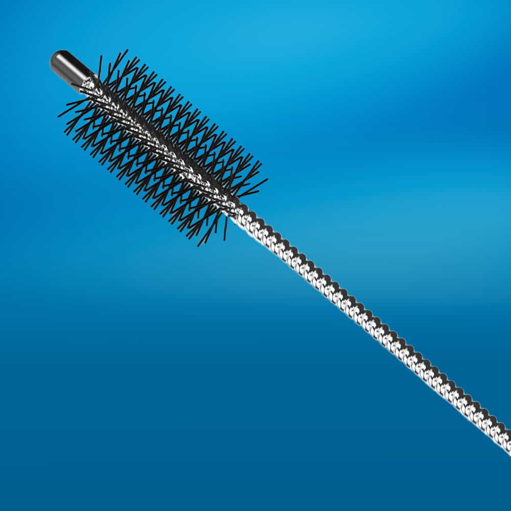 A close-up view of a metal cleaning brush with black bristles and a twisted wire handle, shown against a blue gradient background.