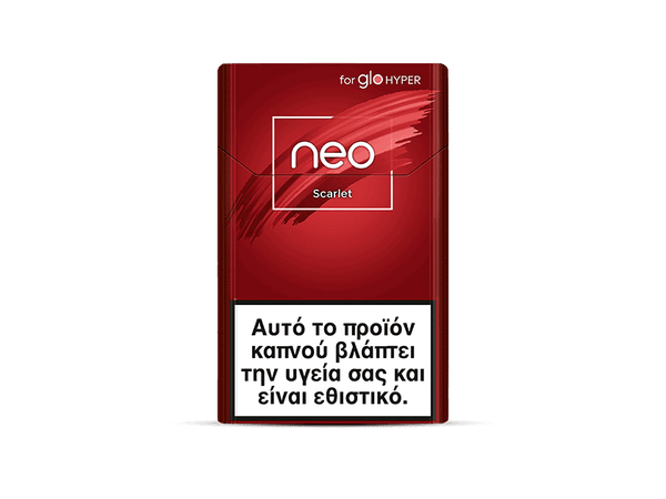A red neo™ Scarlet cigarette pack with "glo HYPER" at the top and a white Greek warning box stating it is harmful and addictive.