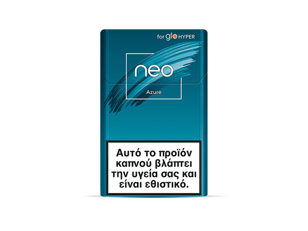 A blue pack of neo™ Azure tobacco sticks for glo HYPER, featuring a Greek warning at the bottom that states the product harms health and is addictive.