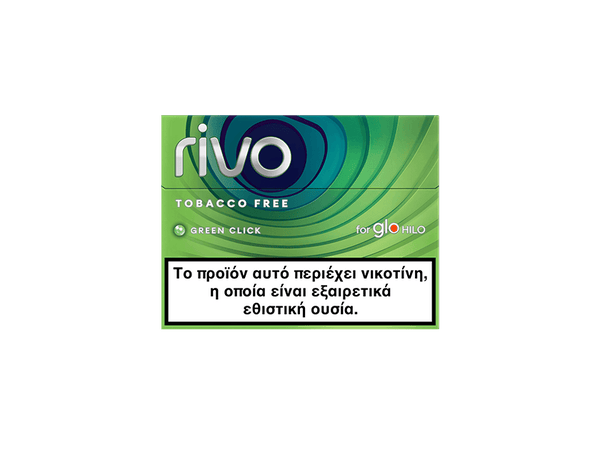 Ένα πράσινο κουτί με την ένδειξη «rivo™ Green Click», ένα προϊόν χωρίς καπνό για το glo HILO. Μια προειδοποίηση στα ελληνικά στο κάτω μέρος αναφέρει ότι περιέχει νικοτίνη, μια ουσία που προκαλεί ισχυρή εξάρτηση.