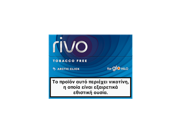 A blue box labeled rivo TOBACCO FREE Arctic Click for glo HILO with a Greek warning stating, This product contains nicotine, which is a highly addictive substance.