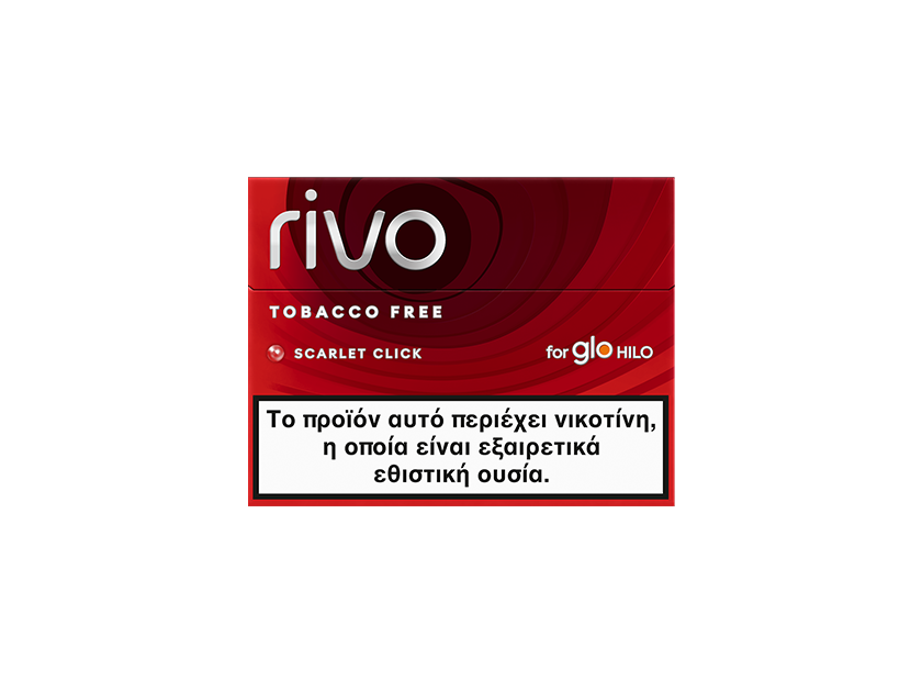 A red box labeled rivo Tobacco Free for glo HILO Scarlet Click. A Greek warning at the bottom translates to This product contains nicotine, which is a highly addictive substance.