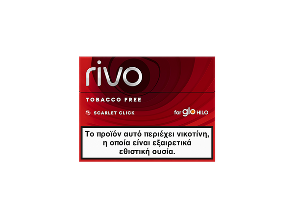 A red box labeled rivo Tobacco Free for glo HILO Scarlet Click. A Greek warning at the bottom translates to This product contains nicotine, which is a highly addictive substance.