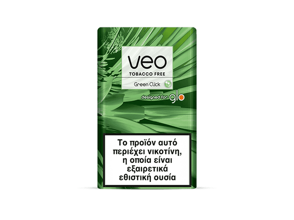 A pack of veo™ Green Click, designed for glo devices, features a Greek warning label stating it contains nicotine, a highly addictive substance.