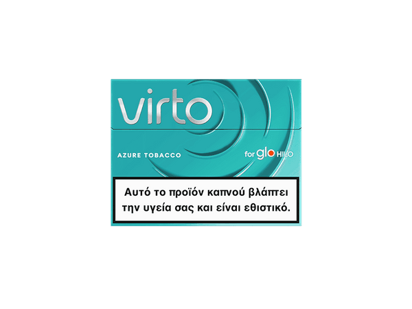 A virto™ Azure Tobacco pack in teal features a Greek health warning: «Αυτό το προϊόν καπνού βλάπτει την υγεία σας και είναι εθιστικό» (“This tobacco product harms your health and is addictive”).