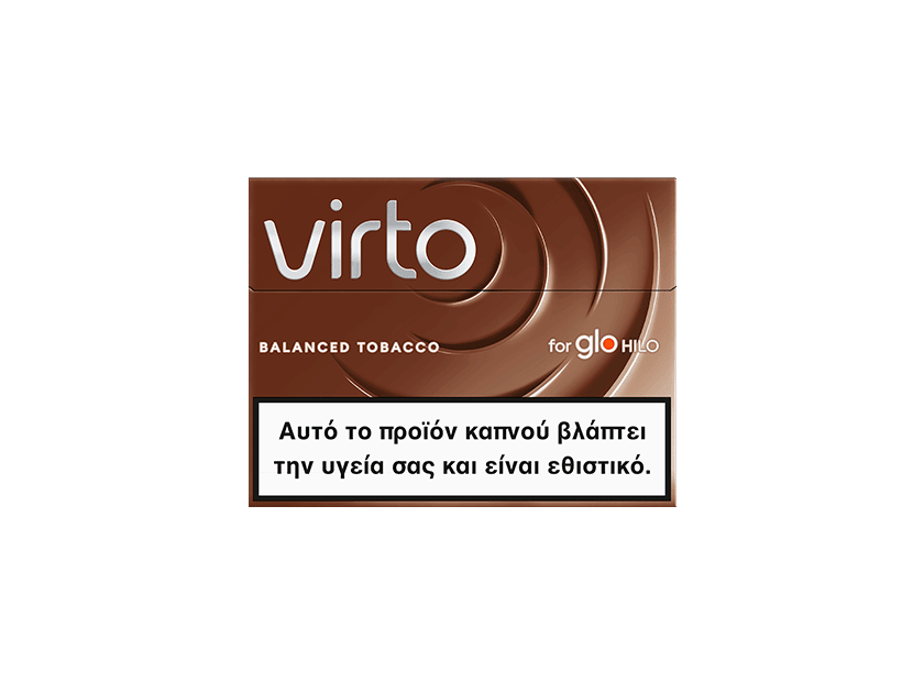 Ένα καφέ πακέτο virto™ Balanced Tobacco για το glo HILO, το οποίο φέρει στο κάτω μέρος του μια ελληνική ετικέτα προειδοποίησης για την υγεία, στην οποία αναγράφεται ότι το προϊόν βλάπτει την υγεία και προκαλεί εθισμό.