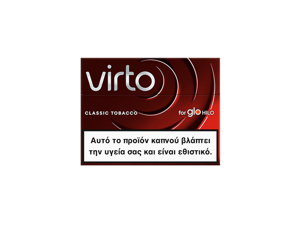 A red and brown Virto Classic Tobacco package with white swirling lines. A white warning label in Greek at the bottom states the product is harmful to health and addictive.