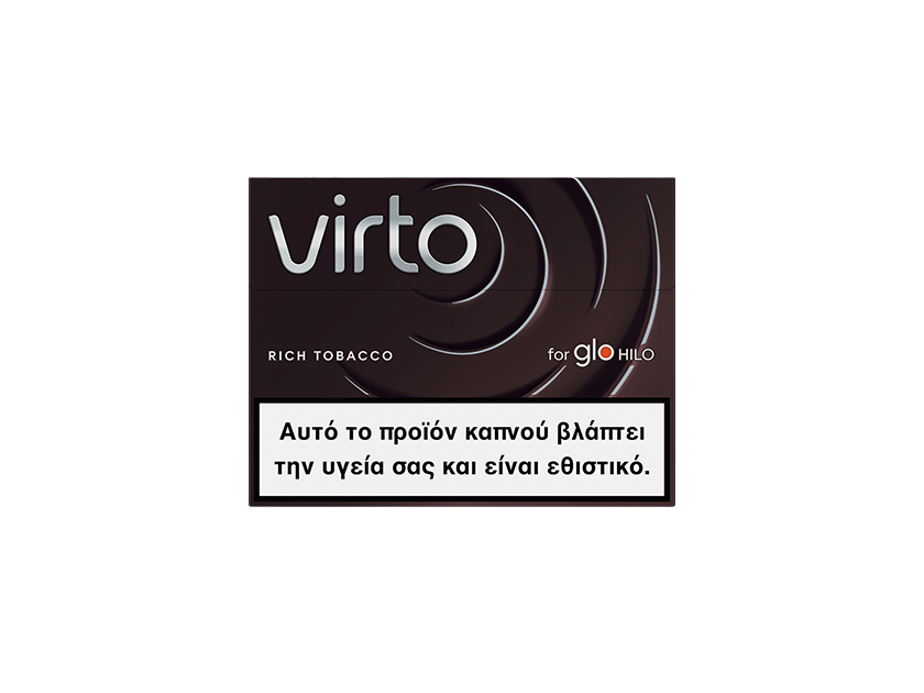 Μια συσκευασία virto™ Rich Tobacco για το glo HILO, με ελληνική προειδοποιητική ετικέτα που αναφέρει ότι το προϊόν είναι επιβλαβές και προκαλεί εθισμό.
