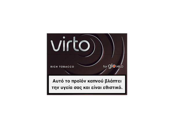 Μια συσκευασία virto™ Rich Tobacco για το glo HILO, με ελληνική προειδοποιητική ετικέτα που αναφέρει ότι το προϊόν είναι επιβλαβές και προκαλεί εθισμό.